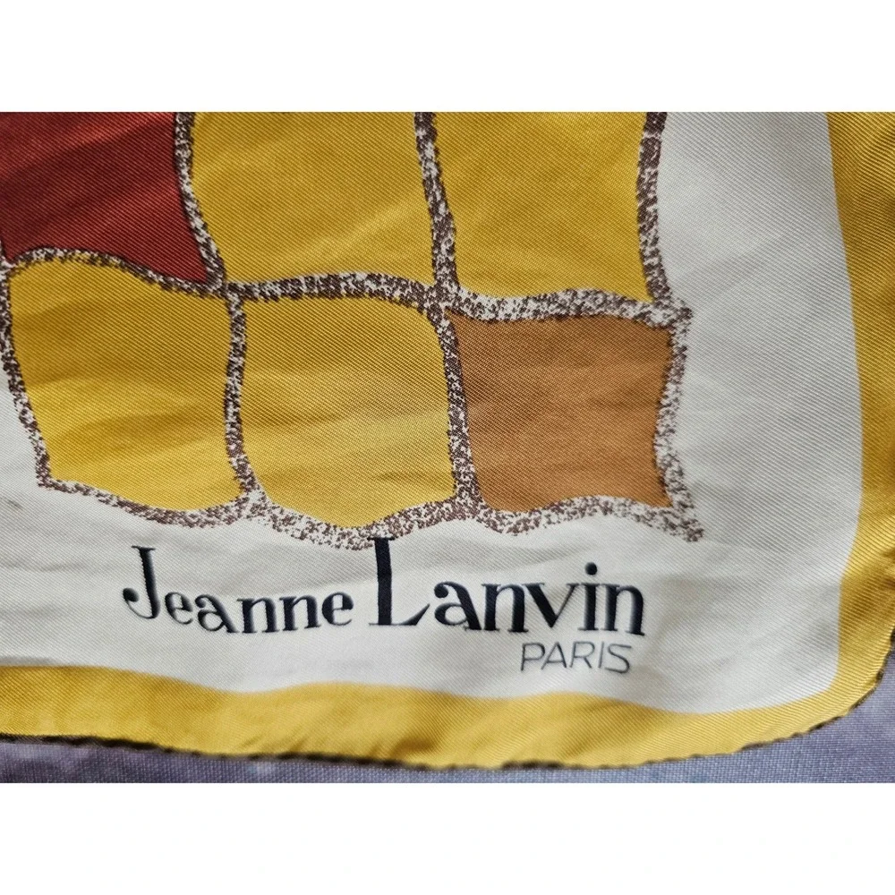Jeanne Lanvin Paris Vintage Silk Scarf Geometric Mosaic Yellow Purple Square
